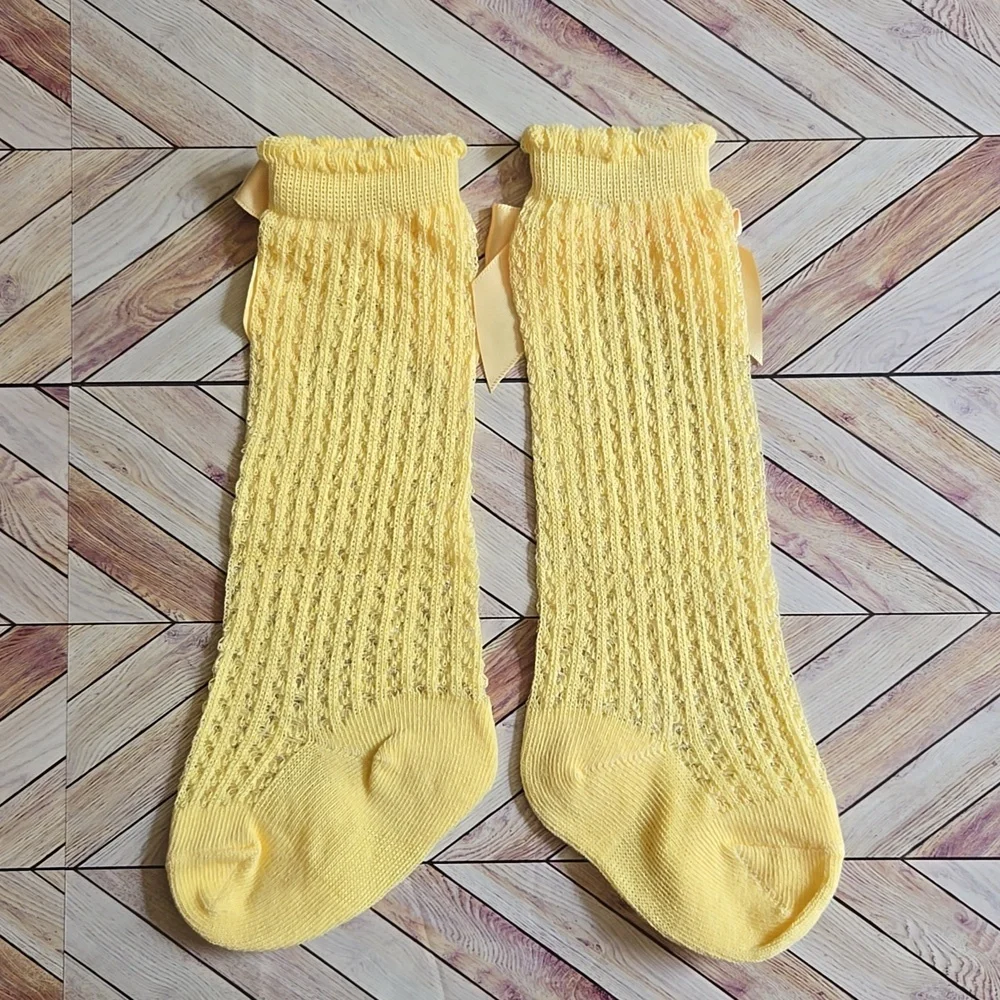 Baby Girl Knee High Yellow Socks With Large Satin Bow Pointelle Knit Ruffle Sock